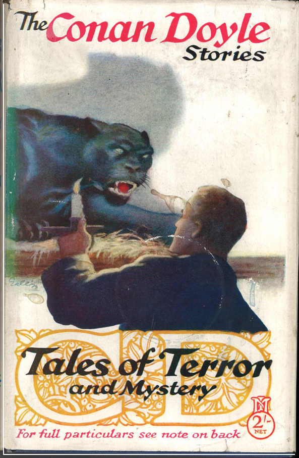 cover of the book tales of terror and mystery by Conan Doyle featuring Sherlock Holmes holding up a candle to see a puma growling at him